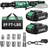 KIMO 20V Cordless Ratchet Wrench 3/8, 89Ft-lbs 400RPM Electric Ratchet Wrench Set with Variable Speed, 2x2.0Ah Battery Ratchet, LED Light, 7Socket, 3/8" to 1/4" Adapter, 3" Extension Bar, Fast Charger