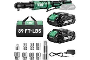 K I M O. KIMO 20V Cordless Ratchet Wrench 3/8, 89Ft-lbs 400RPM Electric Ratchet Wrench Set with Variable Speed, 2x2.0Ah Battery Ratchet, LED Light, 7Socket, 3/8" to 1/4" Adapter, 3" Extension Bar, Fast Charger