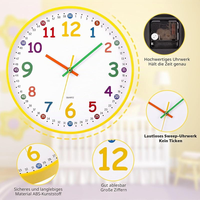 Kinder Wanduhr Lautlos 30cm Bunt Zahlen Lernuhr — Foto 3 von 8