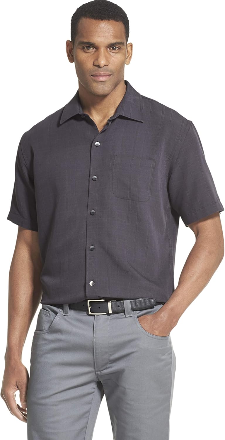 Van Heusen Men's Air Short Sleeve Button Down Poly Rayon Grid Shirt at  Men’s Clothing store