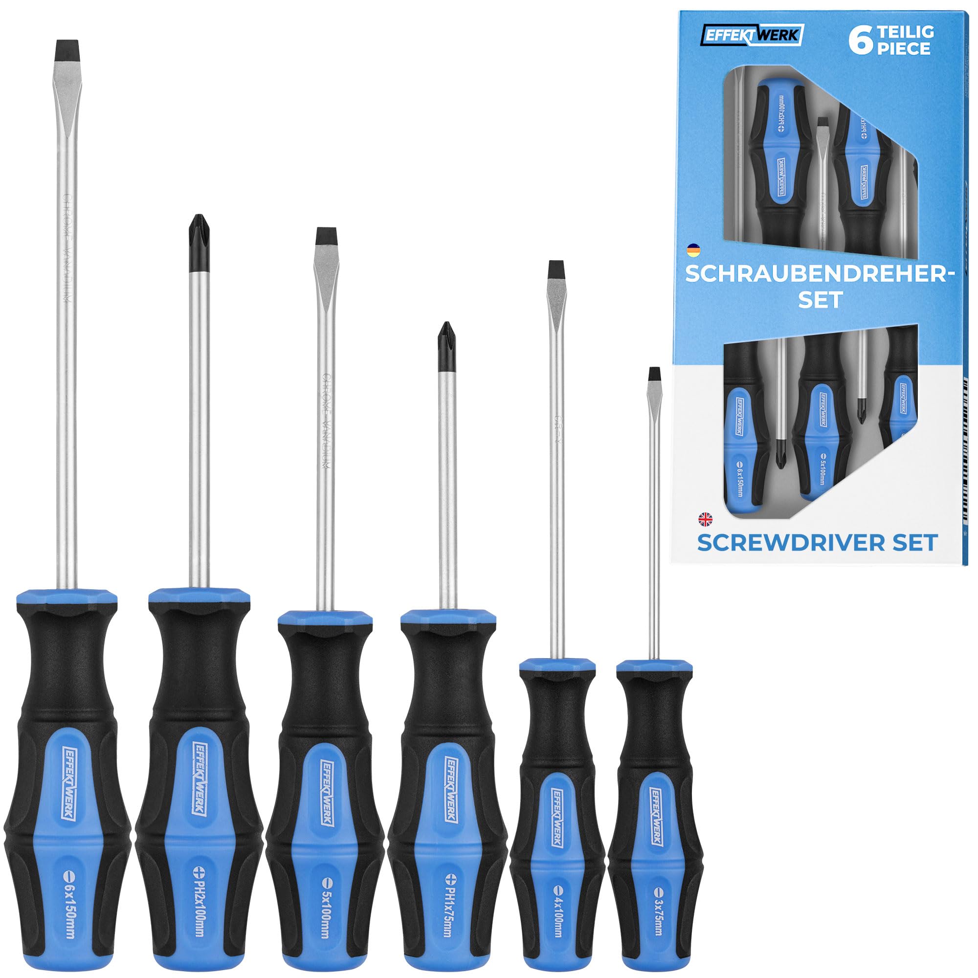 EffektWerk - 6-pc Screwdriver Set - 4 Flat Head & 2 Phillips Screwdrivers w/Magnetic Tips & Ergonomic Handles - Multi-Purpose Tool Kit for Household Repairs