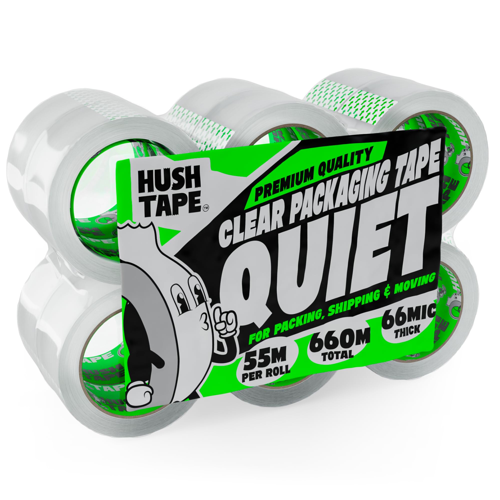Hush Tape - Heavy Duty Low Noise Clear Packing Tape, 66 Micron, 48mm x 55m Clear Packaging Tape Strong Parcel Tape for Moving House, Shipping, and Sealing Boxes - 12 Rolls