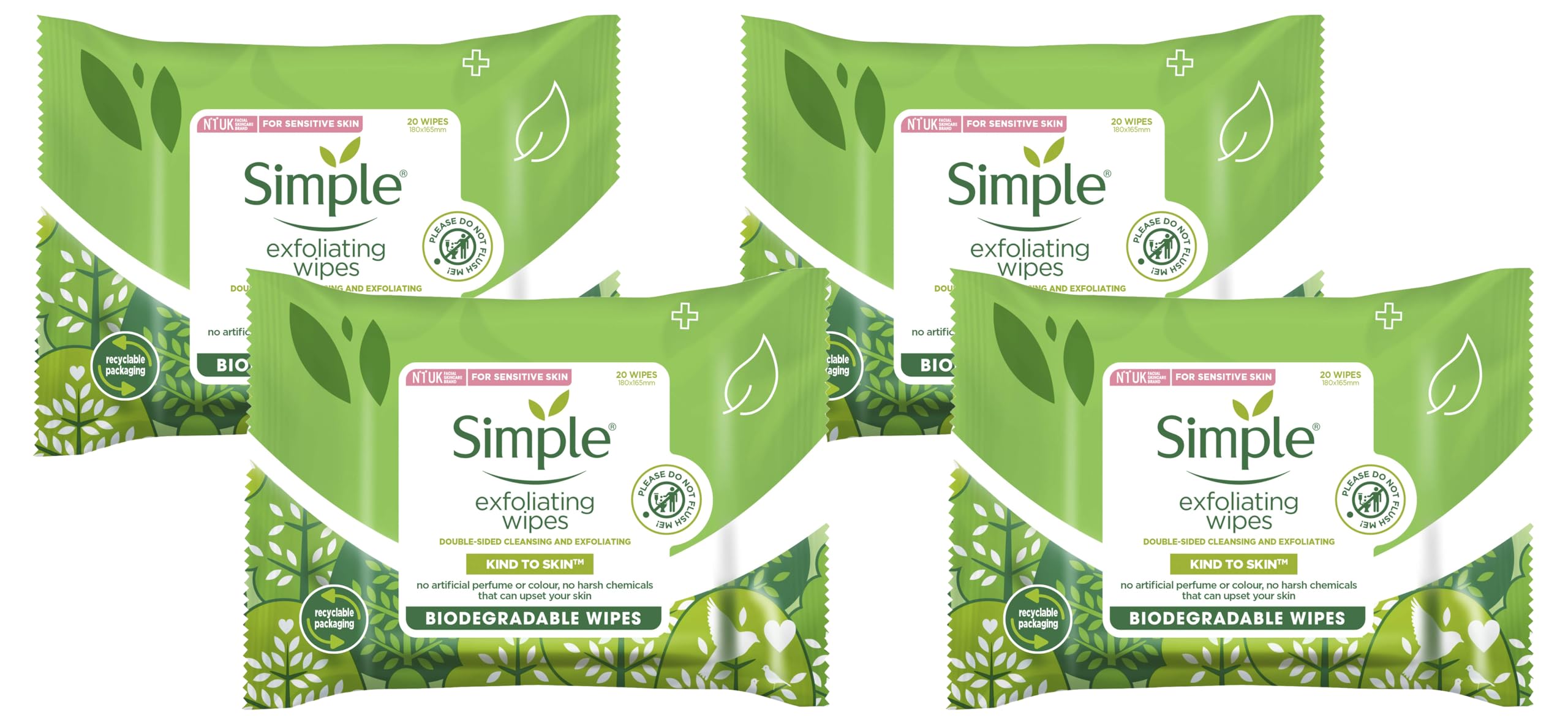 Simple biodegradable Exfoliating Face Wipes cleansing wipes to smooth skin and unclog pores for sensitive skin 20 wipes (Pack of 4)