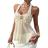 GORGLITTER Women's Flower Sleeveless Halter Tops Summer Trendy Mesh Backless Asymmetrical Boho Western Going Out Tops
