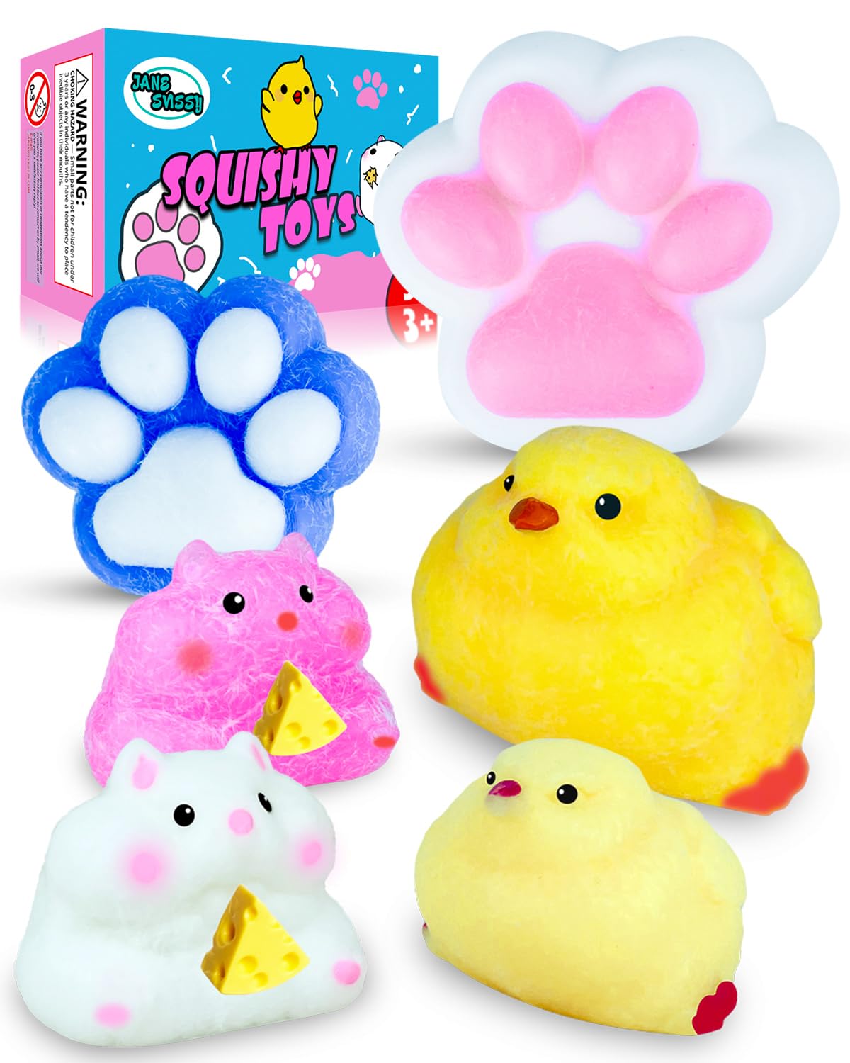 Taba Squishy Pack,Fufu Toys Set Include 1 Big Taba Cat Paws & Chick,1 Chick & Cat Paws,2 Hamster Squishy,Stress Relief Toy,Mochi Squeeze Toys,Fidget Cute Stuff for Girls,Boys, Kids and Adults