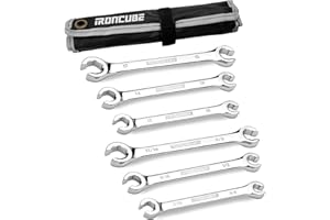 ironcube Flare Nut Wrench Set: 6-piece SAE & Metric Line Wrench Set for Removing or Replacing Nuts on Fuel, Brake or Air Conditioning Lines, Organizer Pouch Included