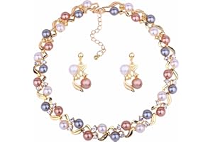 Yonhi Glass Pearl Necklace and Earring Set,Collar De Perlas para Mujer,Faux Pearl Jewelry Sets for Women Girls Gifts