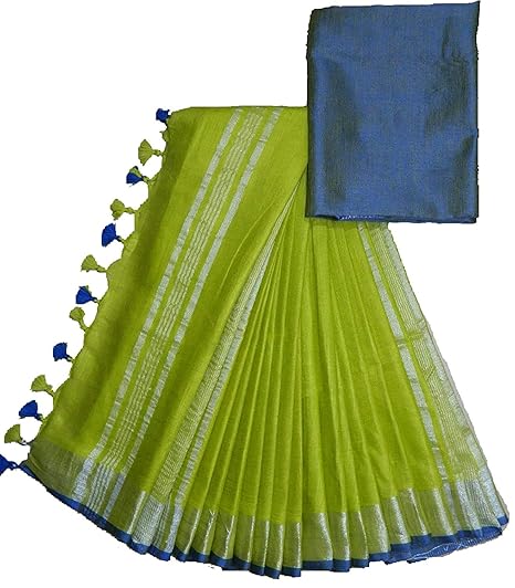 Womens Linen Slub Saree with Contrast Blouse (Parrot Green 98)