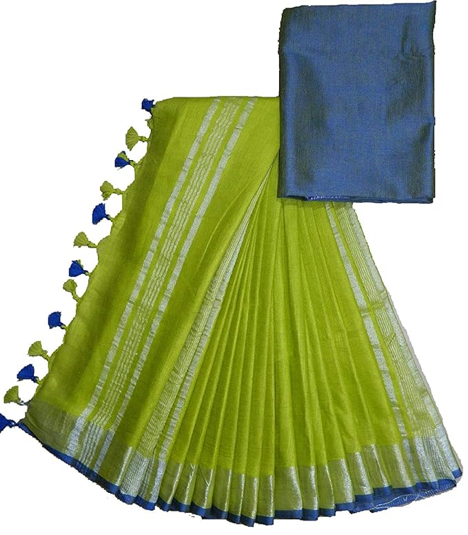 Women's Linen Slub Saree with Contrast Blouse (CSZBP13, Green)