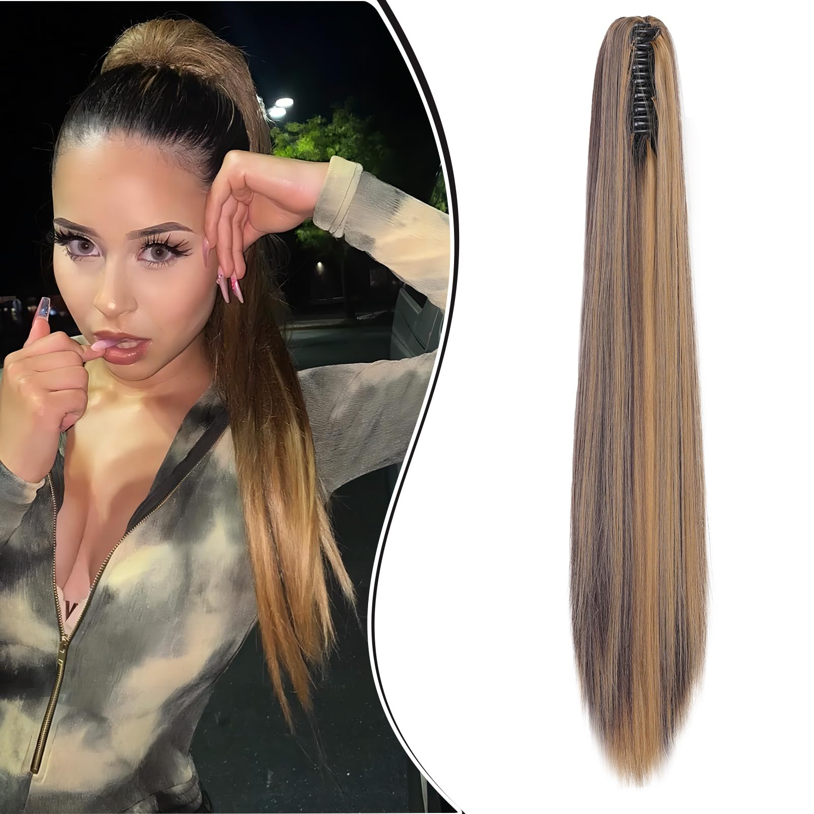 Dcbaboo 22inch Claw Clip in Ponytail Hair Extensions Long Straight Ponytail Extension Synthetic Pony tails Natural Wave One Piece Hairpiece Fake Ponytail for Women, Dark Blonde & Medium Brown