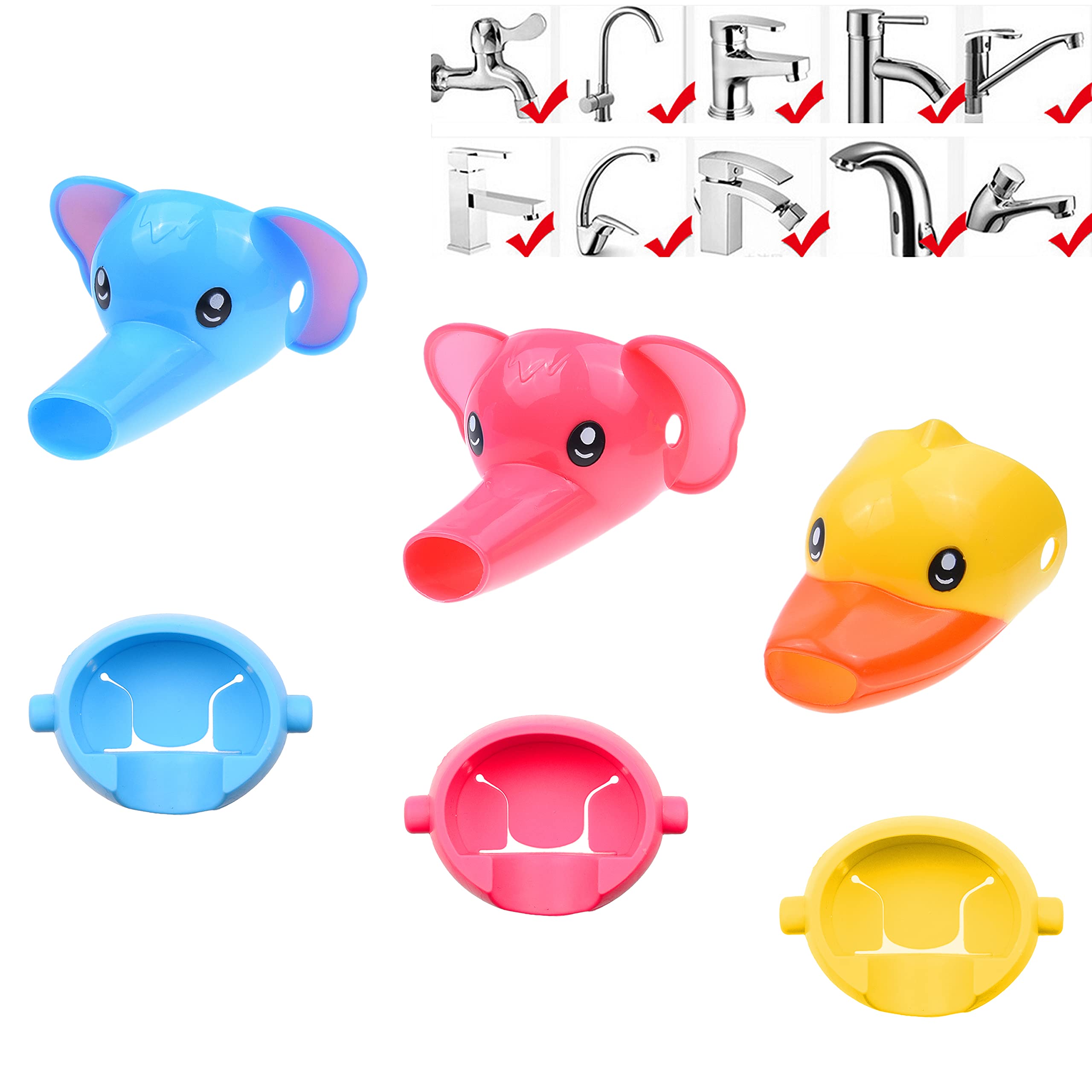 Kare & Kind Animal Shaped Faucet Extenders - 3 Pack - Fun Water Spouts for Toddlers, Kids, Children - Promotes Personal Hygiene and Handwashing - Colorful Yellow Duck, Pink and Blue Elephant Design