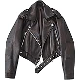 LY VAREY LIN Women Faux Leather Cropped Jacket Lapel Zipper Biker Short Coat with Belt