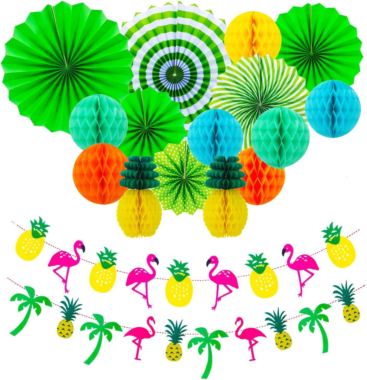 Rorchio 33pcs Hawaiian Party Decorations,Pineapple and Flamgingo Felt Garland Banner,Hanging Paper Fans Tissue Paper Pineapple for Summer Tropical Party Supplies