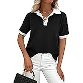 PRETTYGARDEN Summer Short Sleeve Polo Shirts for Women Collared V Neck Work Dressy Tops Knit Loose Business Casual Outfits