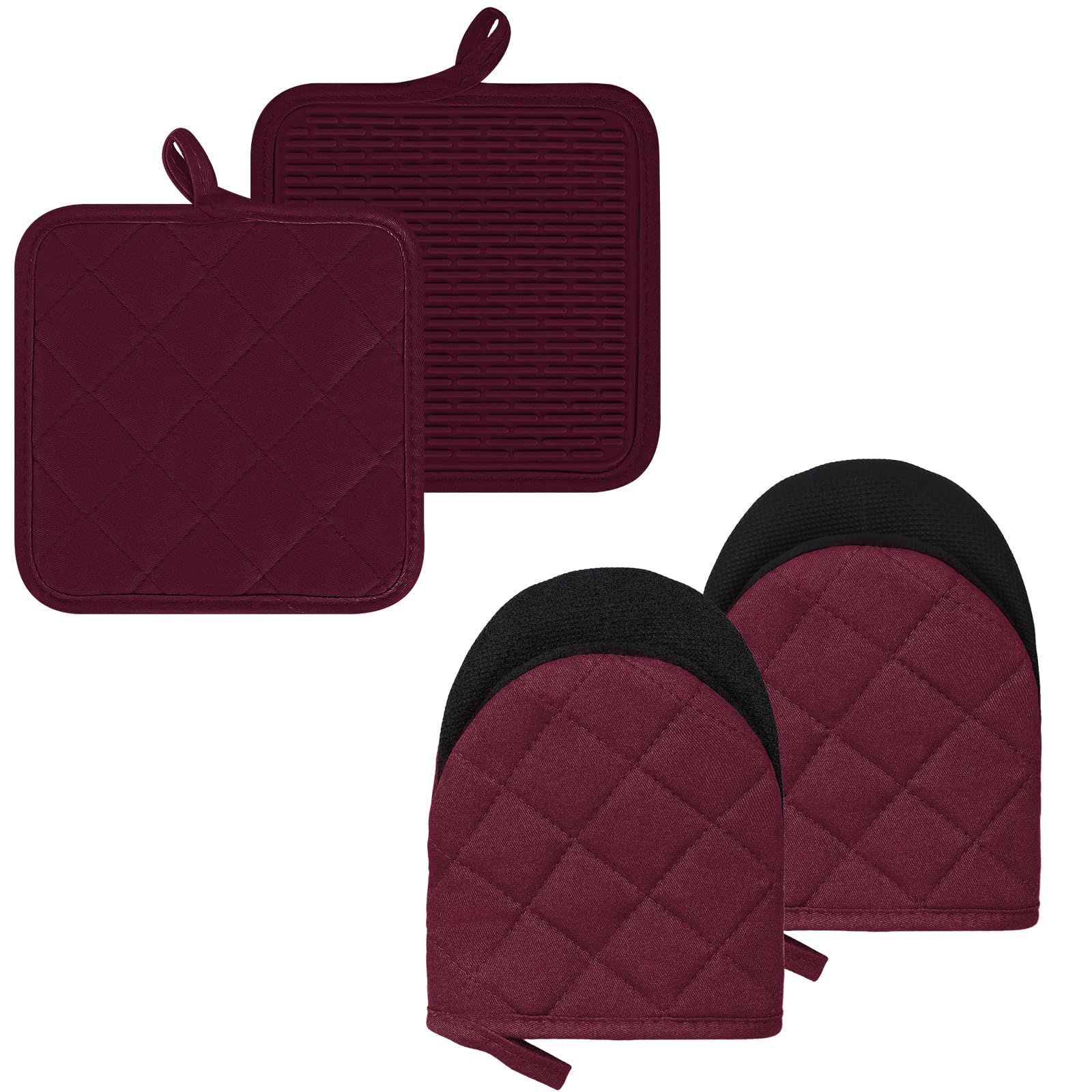 Oven Gloves and Pot Holders Set, Oven Gloves Heat Resistant, Home Essentials Pack of 4, No-slip Kitchen Accessories, Silicone Oven Mitts Double, BBQ Cooking Gloves Microwave Machine Washable