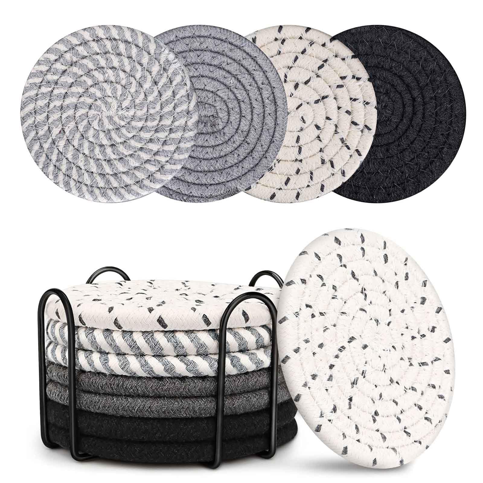 8 Pcs Cotton Woven Absorbent Coasters for Coffee Table, Wooden Table Protection, Living Room Decor - 4 Colors (Black Series)