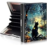 Tudguiloae Credit Card Holder Metal Wallet for Women Men, RFID Blocking Slim Metal Credit Card Wallet, Aluminum Hard Business ID Card Case Wallet with 6 Card Slots, Black Cat Forest