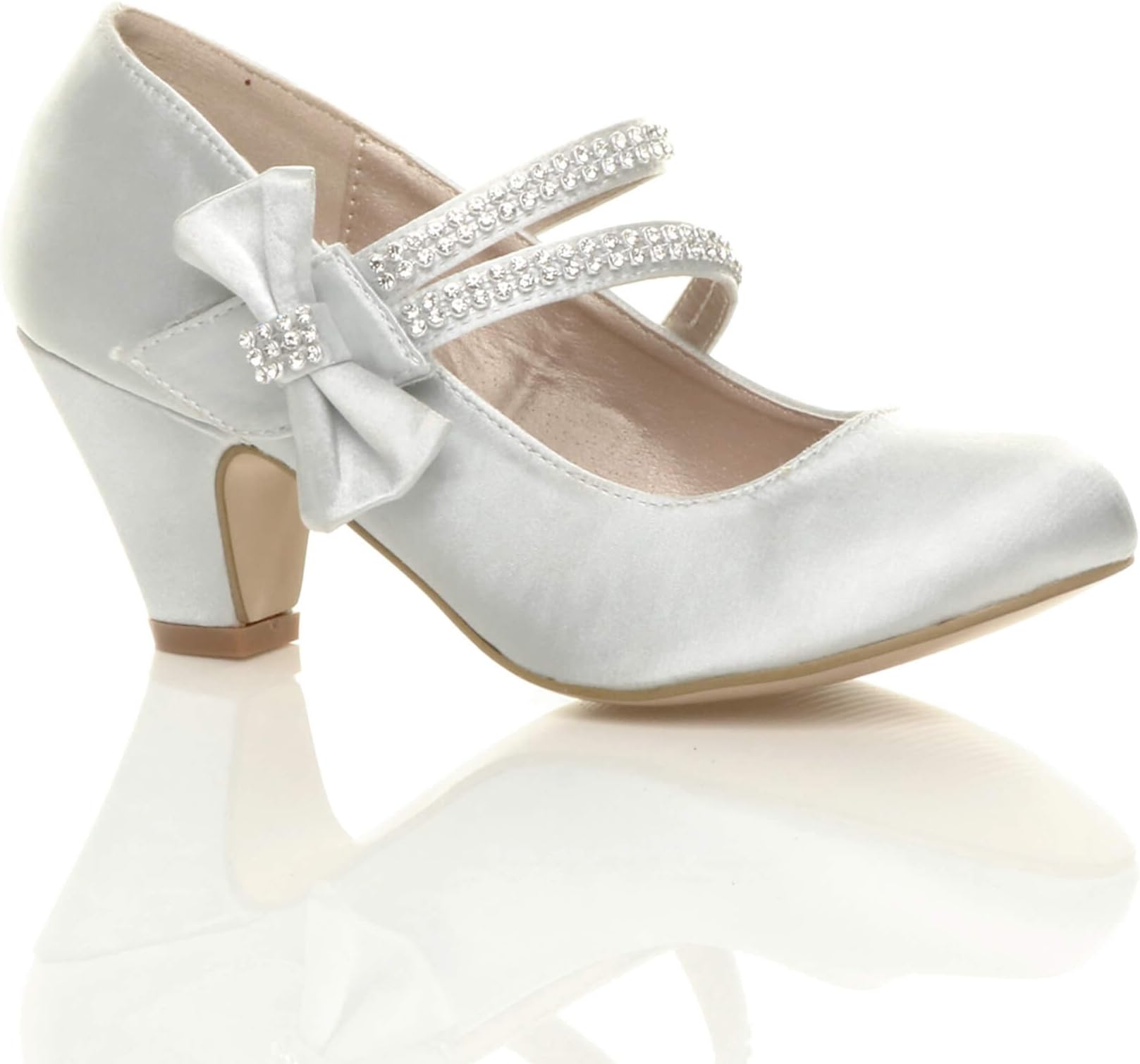 AJVANIGirls Childrens Low Heel Strap Bridesmaid Party Formal Evening Shoes, Silver Satin Bow, 12 UK Child