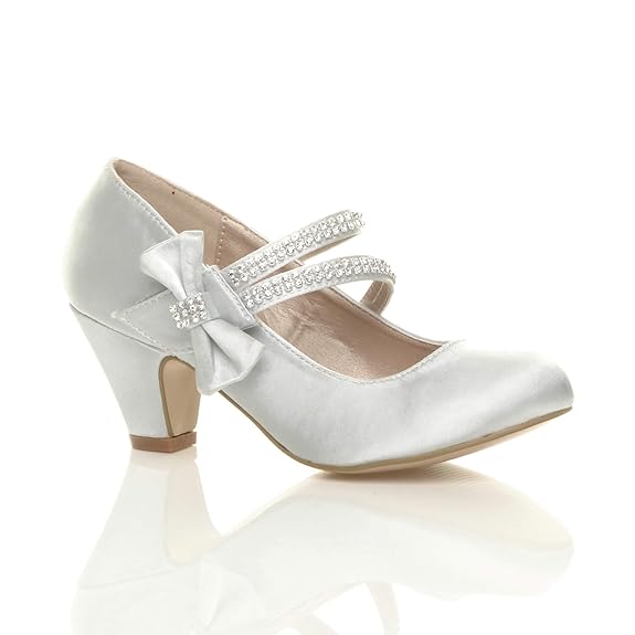 Mädchen Mary Jane Riemen Schleife Brautjungfer Hochzeit Absatz Abendschuhe Pumps Größe