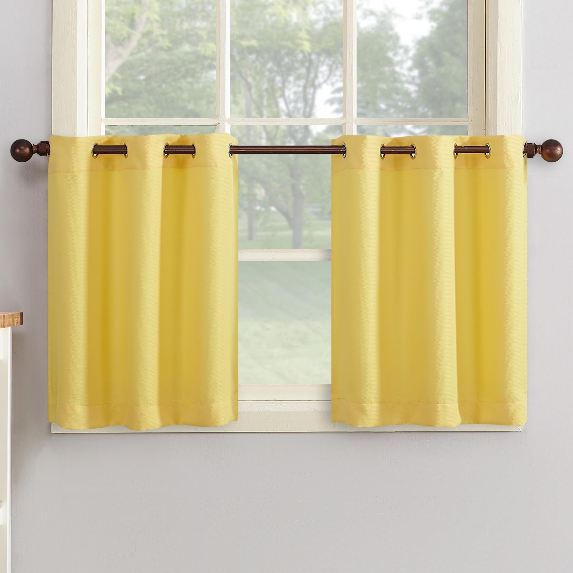 No. 918 Montego Casual Textured Semi-Sheer Grommet Kitchen Curtain Tier Pair, 56" x 24", Yellow