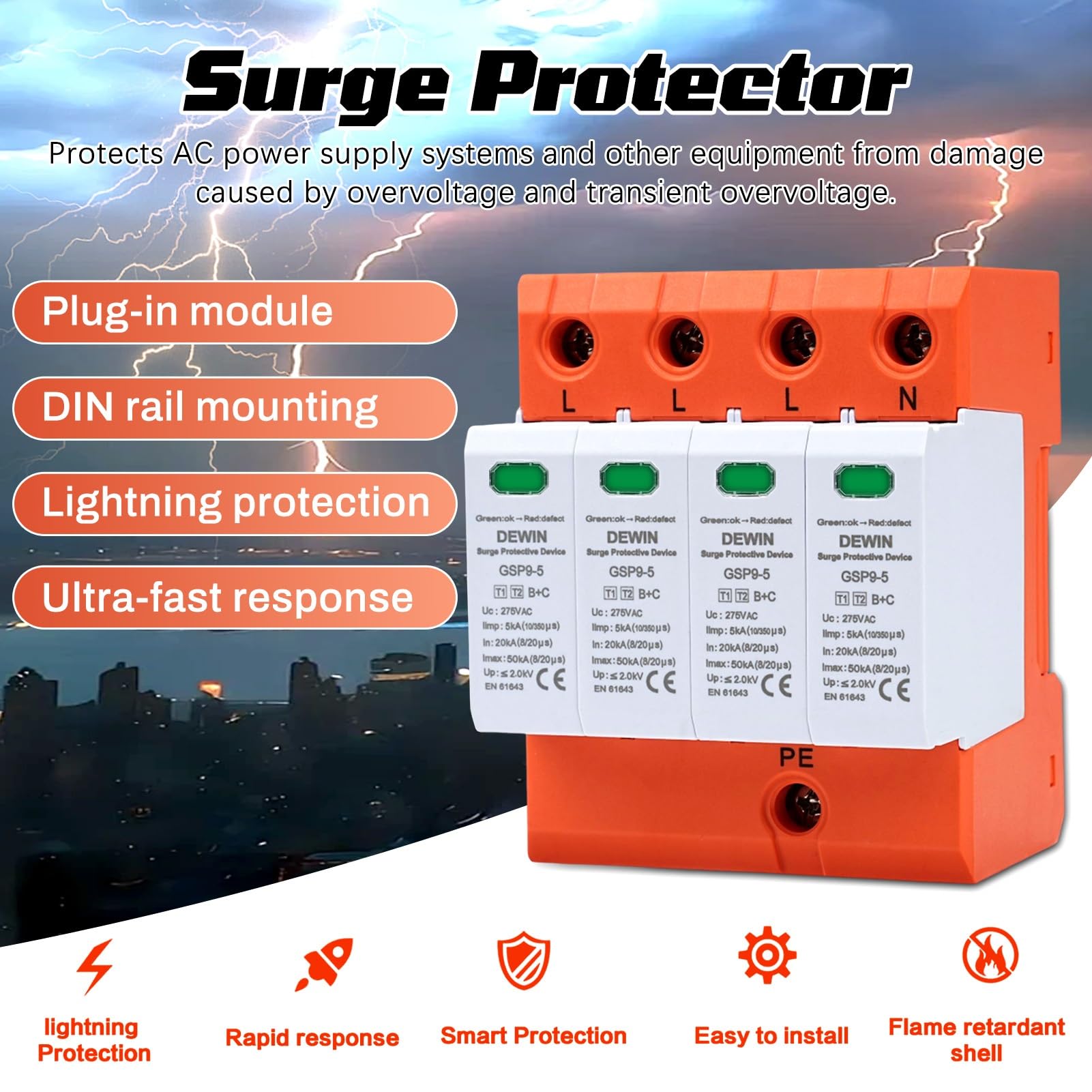 DEWIN Überspannungsschutz Hutschiene GSP9-5 Surge Proctor SPD Ableiter T1+T2(B+C) 4P AC 275V 5KA DIN-Schiene Überspannungsschutzgerät 3
