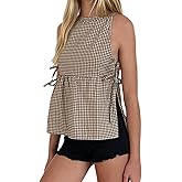 Women Side Tie Tank Top Y2K Vintage Gingham Sleeveless Split Peplum Vest Top Cute Coquette Summer Trendy Streetwear