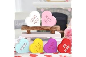 OLANRUN Valentines Day Decorations, 6 Pcs Double Printed Wooden Conversation Hearts Decor for Valentine Galentines, Romantic 