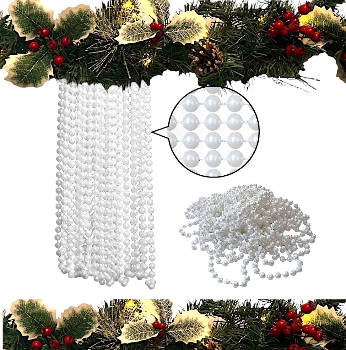 Luxury 10m Christmas Tree & Room Decoration - 8mm White Pearl Beads