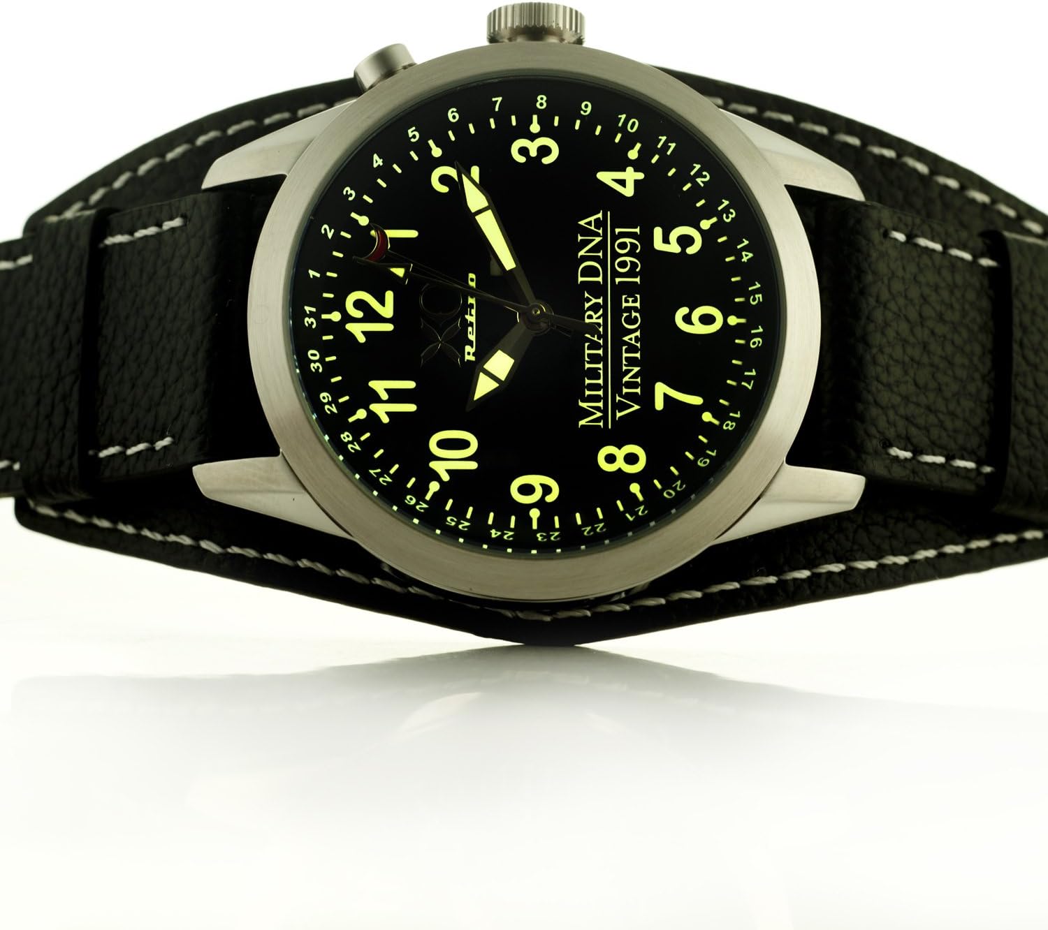 Mens 1991 M1 Abrams Tank Military DNA Dual Time Watch Silver Black Dial Black Strap 01A
