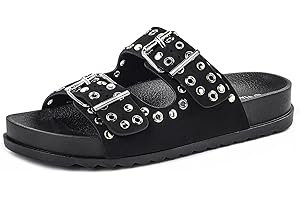 Viapipa Platform Sandals Women,Womens Sandals-Studded Silde Sandals-Double Buckle Adjustable-Beach Sandals for Women-Flat Sandals Summer Vacation