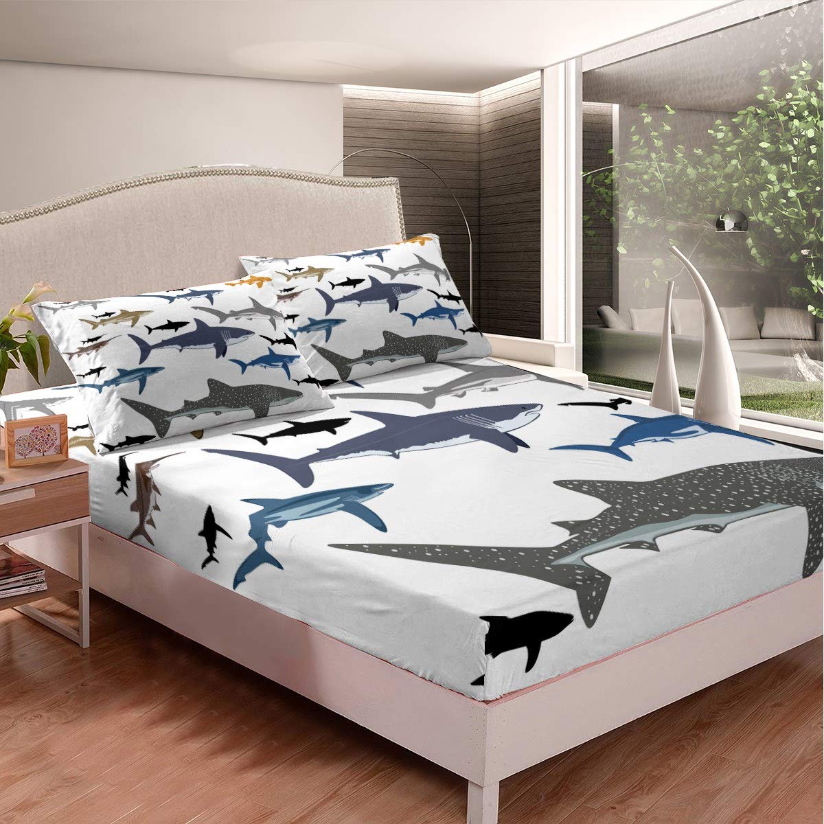 Ocean Bed Sheets Shark Bed Sheet Set for Kids Boys Underwater Word Bedding Set Sea Marine Theme Cartoon Sealife Style Fitted Sheet Decor Bedroom Collection 3Pcs Double Size