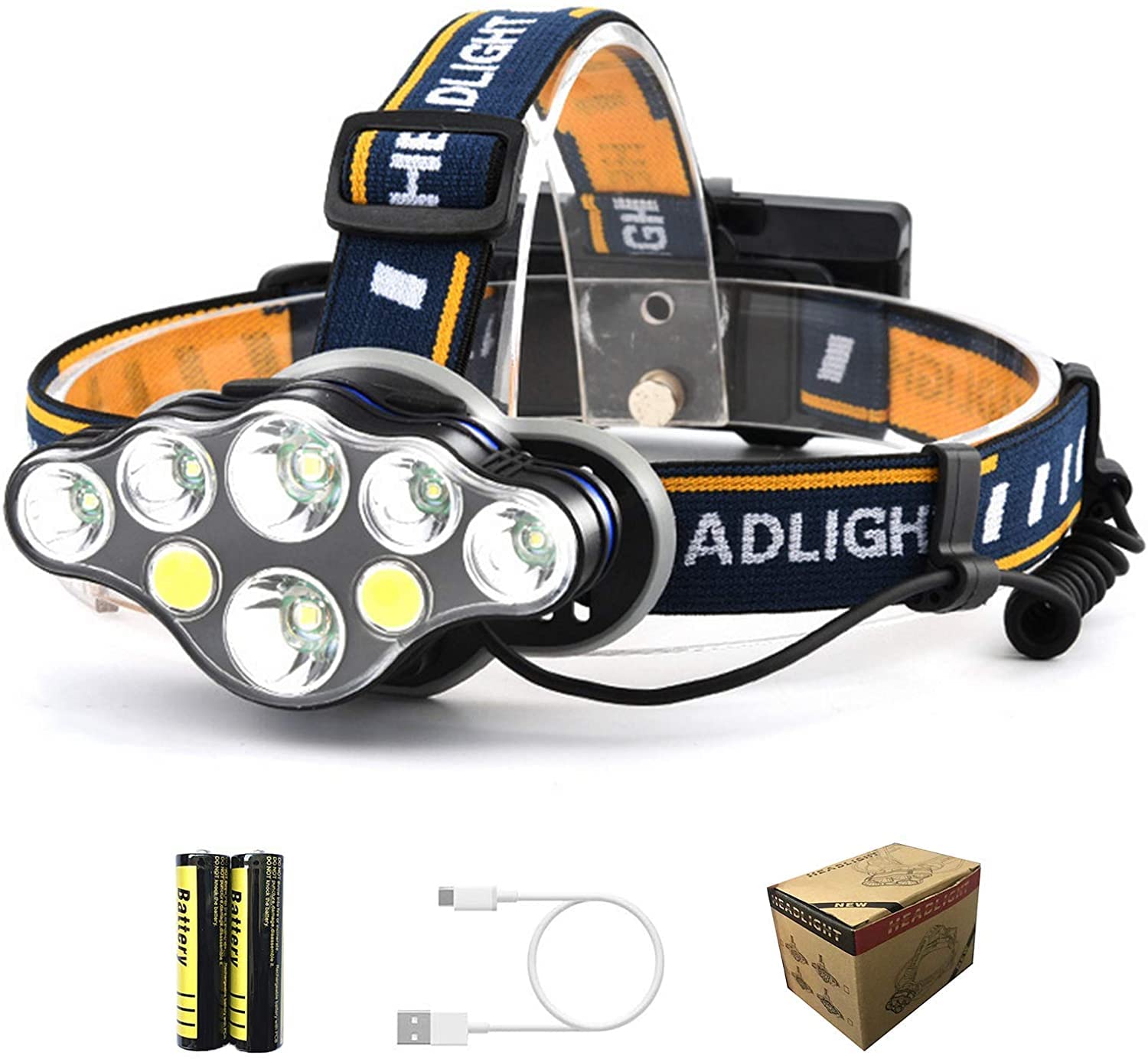Rechargeable Headlamp, 8 LED 18000 Lumen Headlamp with 1 USB Cable and 2 Batteries, USB Rechargeable Super Bright Adjustable Waterproof Head Torch for Fishing Camping Running Cycling Hiking1