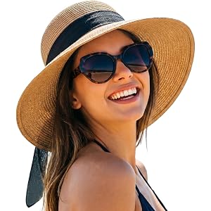 DRESHOW Sun Hats for Women Summer Wide Brim Beach Straw Hat Bowknot Bucket Hats Foldable Floppy Beach Sun Hat UPF 50+