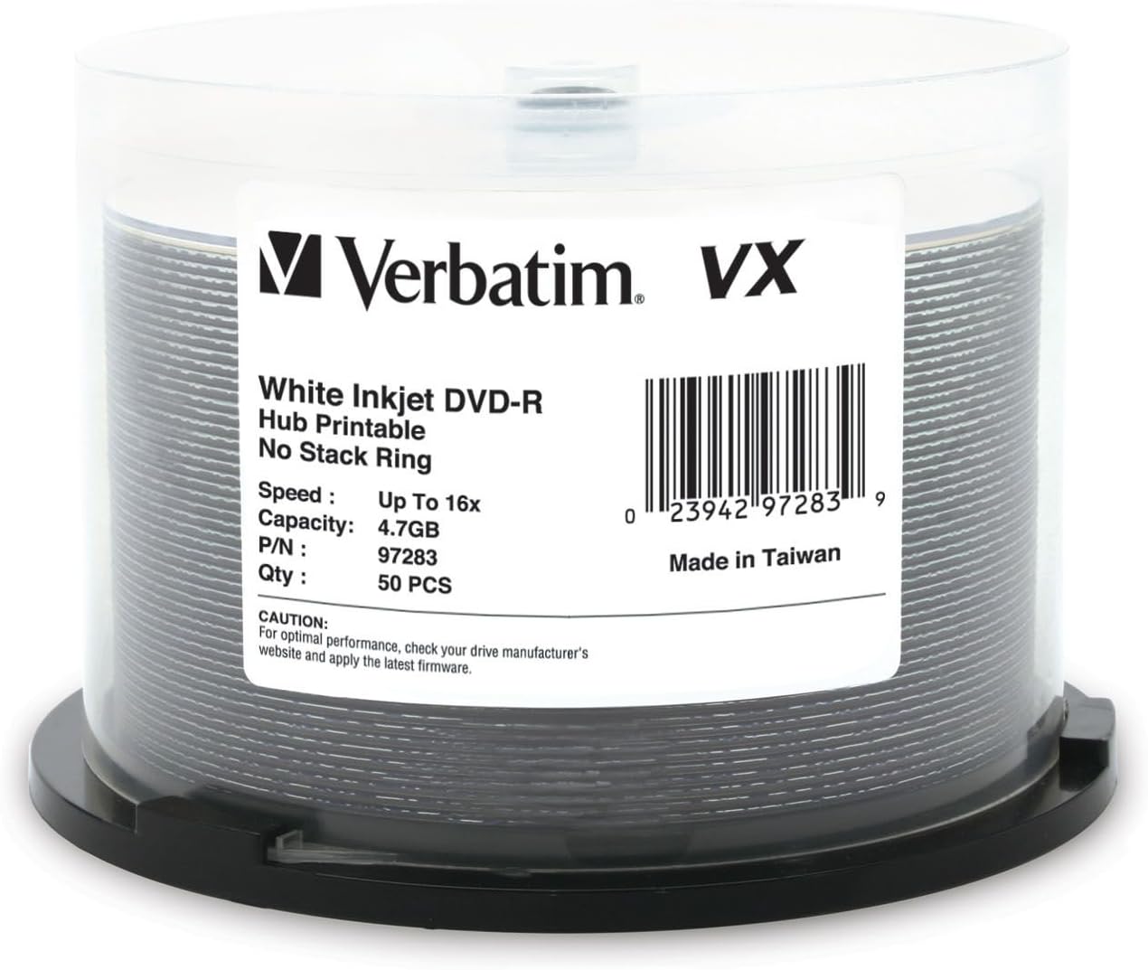 Verbatim DVD-R 4.7GB 16X VX White Inkjet Printable, Hub Printable - 50pk Spindle, Shiny Silver (97283)