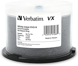 Verbatim DVD-R 4.7GB 16X VX White Inkjet Printable, Hub Printable - 50pk Spindle, Shiny Silver (97283)