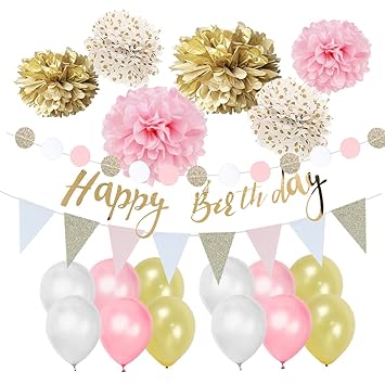 Amazon Com Pink Gold Birthday Decorations Pom Poms Flowers Kit