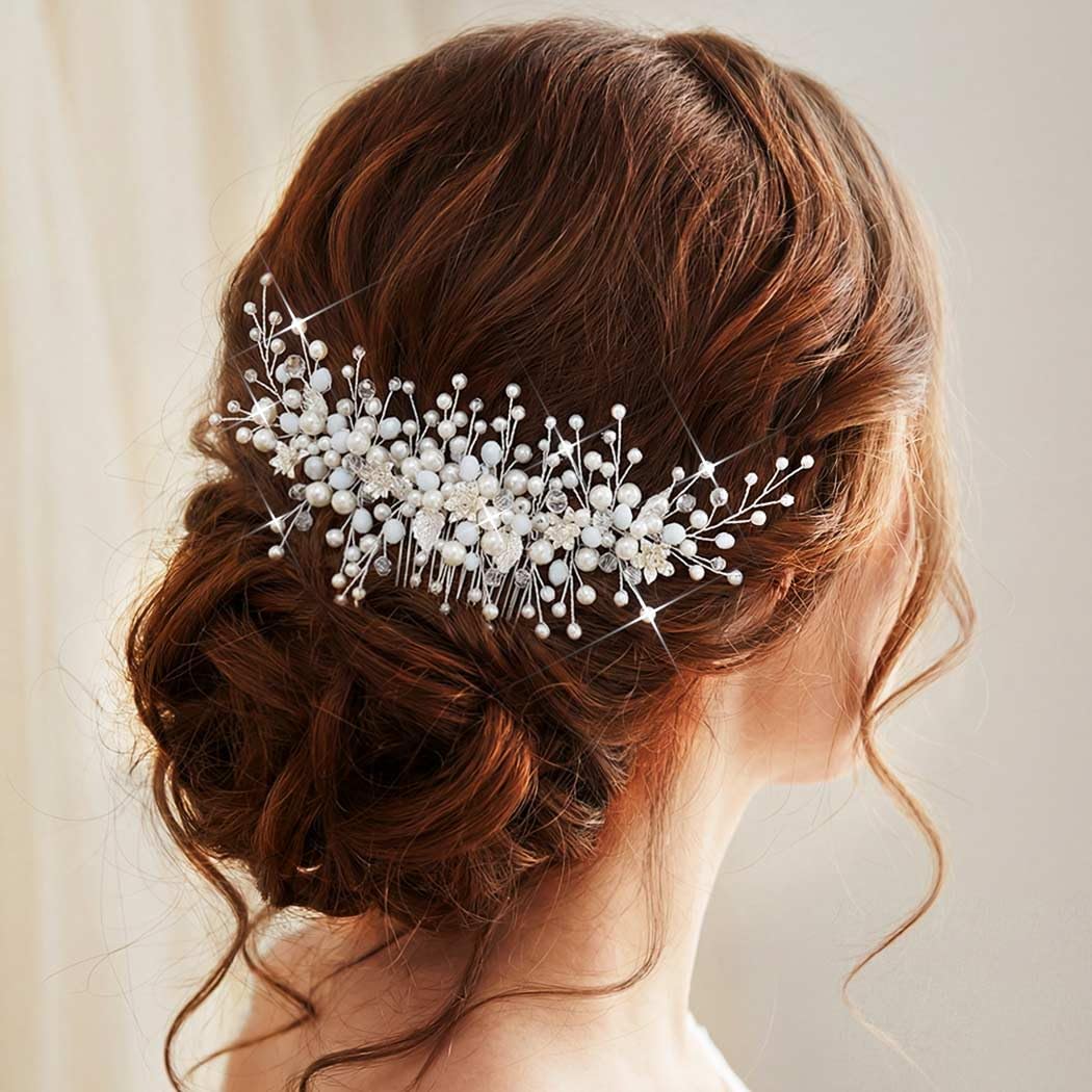 Vakkery Bride Wedding Hair Comb Slides Silver Pearl Headpiece Bridal Hair Accessories for Women and Girls