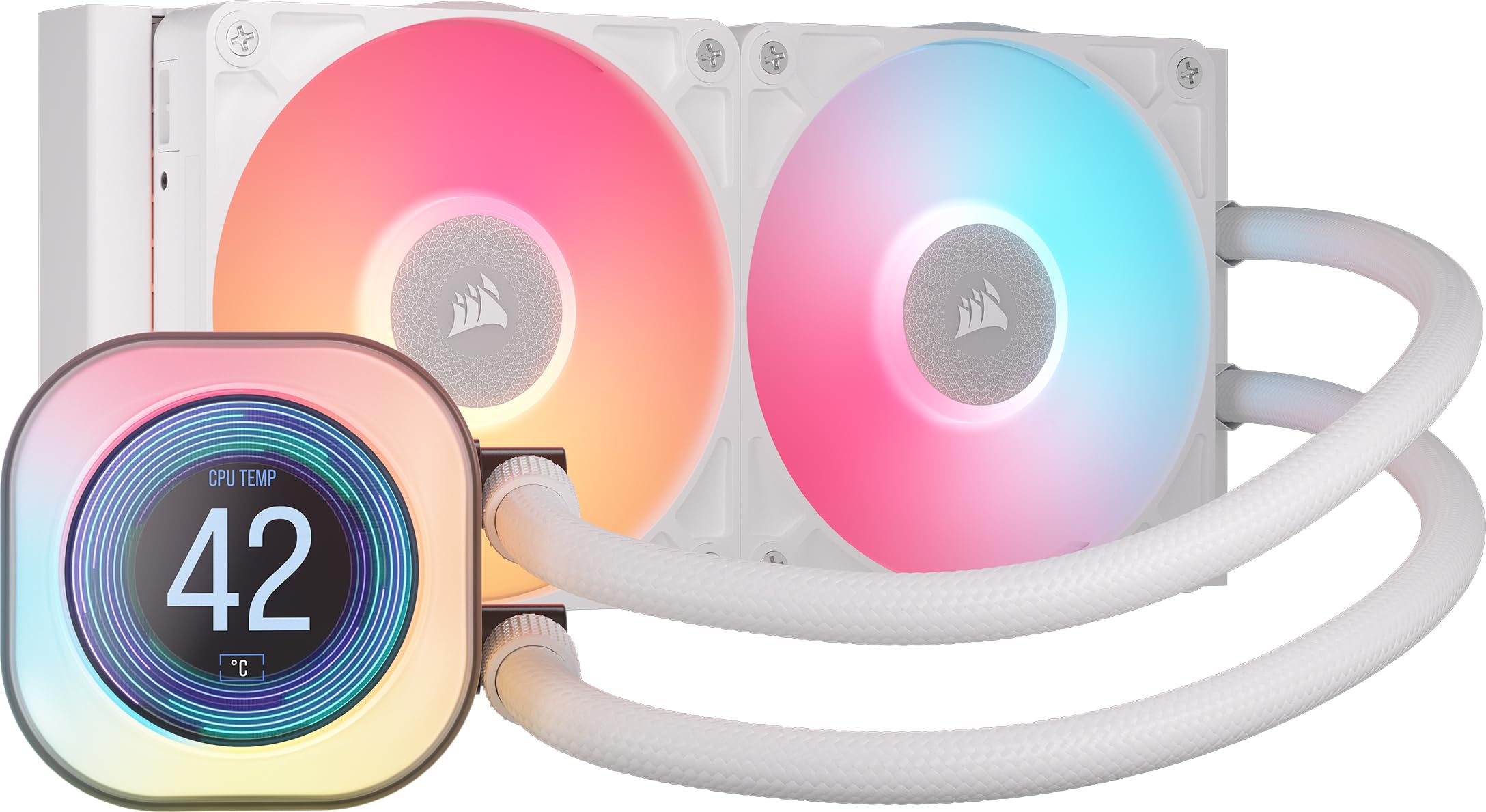 CORSAIR iCUE Link Titan 240 RX LCD Liquid CPU Cooler – 240mm AIO – Low-Noise – FlowDrive Cooling Engine – Intel LGA 1851/1700, AMD AM5/AM4 – 2X RX120 RGB Fans – iCUE Link System Hub Included – White Image