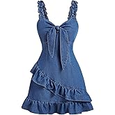 WDIRARA Women's Tie Front Ruffle Denim Cami Dress Frill Trim Sleeveless Short Dress