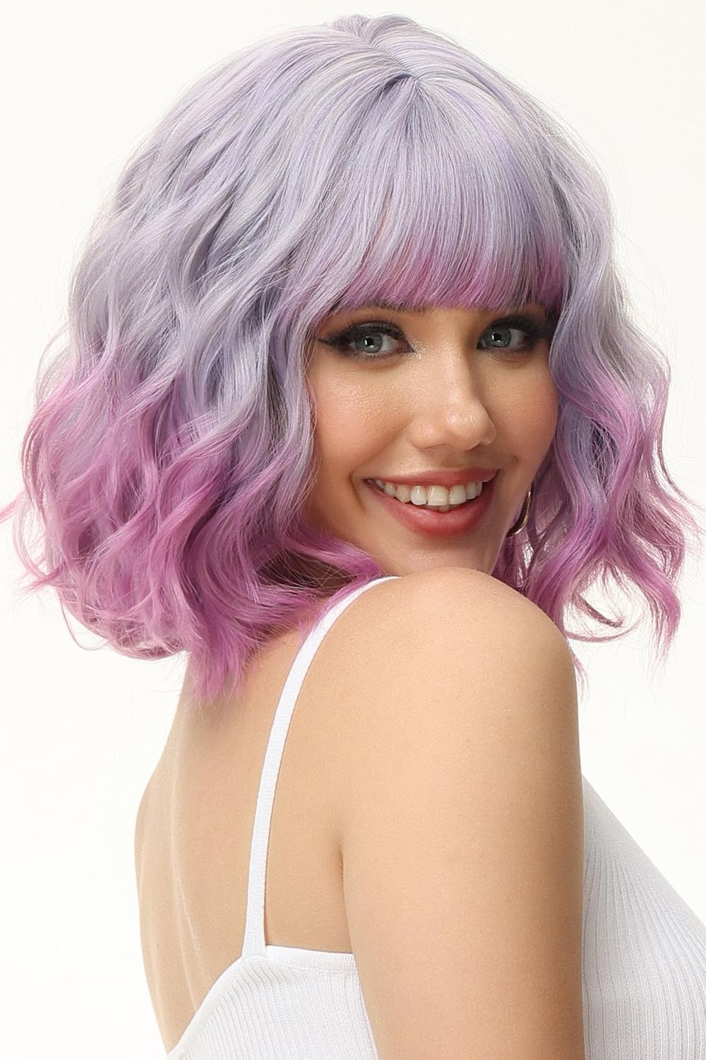 Yamel Wavy Bob Wig with Bangs Light Purple Ombre Rose Wig Synthetic Hair Shoulder Length Short Curly Wigs for Women — image 1