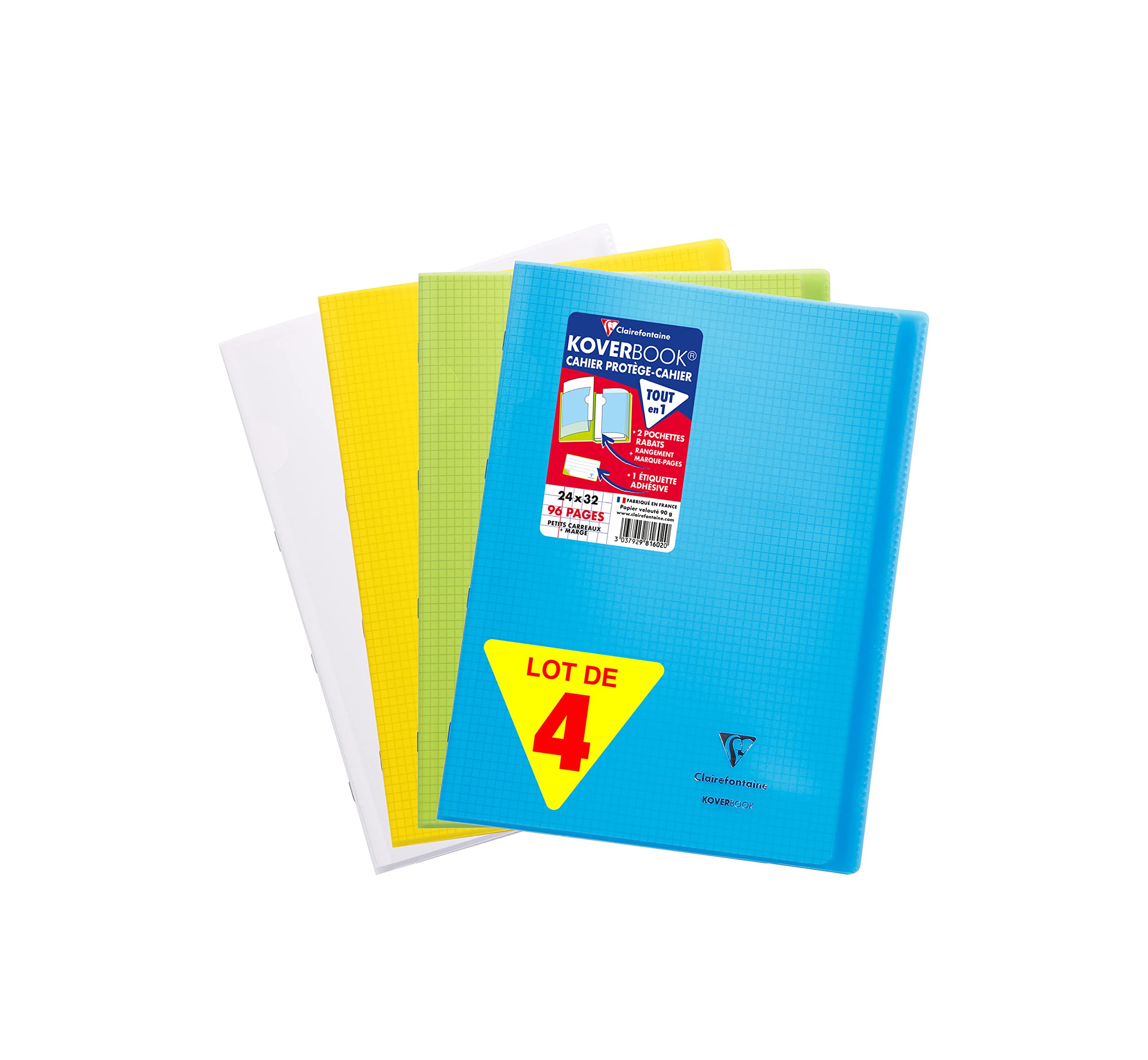 Clairefontaine 981640AMZC - Set of 4 Koverbook Stapled Notebooks 24x32 cm - 96 Small Squares Pages - White Paper 90g - Polypro Cover: Blue,Clear,Yellow,Green