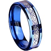 QUEENWISH 6mm/8mm Blue Tungsten Carbide Ring Celtic Dragon Blue Carbon Fibre Inlay Mens Wedding Band Comfort Fit