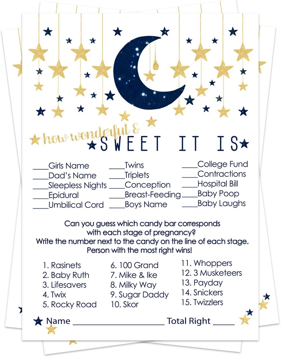 Paper Clever PartyTwinkle Little Star Baby Shower Game Candy Bar Matching Guests Guess Stages of Pregnancy Parenthood Funny Activity Cards, Celestial Moon Ideas Navy and Gold, 25 Pack