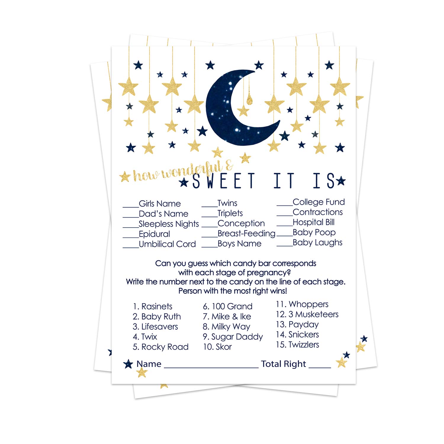Paper Clever PartyTwinkle Little Star Baby Shower Game Candy Bar Matching Guests Guess Stages of Pregnancy Parenthood Funny Activity Cards, Celestial Moon Ideas Navy and Gold, 25 Pack