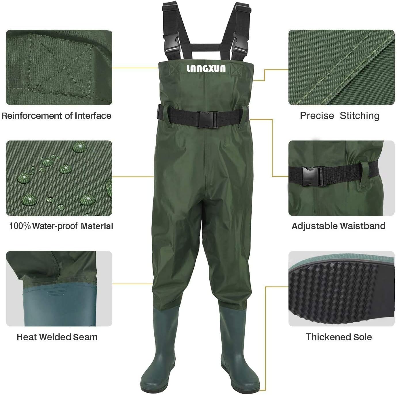 LANGXUN Hip Waders for Kids, Lightweight and Breathable PVC Fishing Waders for Children, Waterproof Bootfoot Waders for Boy and Girl, Army Green Chest Waders for Women : Sports & Outdoors