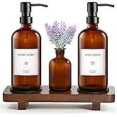 KEYWING Kitchen Soap Dispenser Set with Wood Tray, 16oz Amber Glass Soap Dispensers with Stainless Steel Pumps, Hand and Dish Soap Dispenser Set for Kitchen, Soap and Lotion Dispenser Set for Bathroom