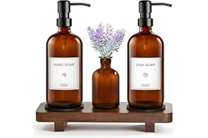 KEYWING Kitchen Soap Dispenser Set with Wood Tray, 16oz Amber Glass Soap Dispensers with Stainless Steel Pumps, Hand and Dish