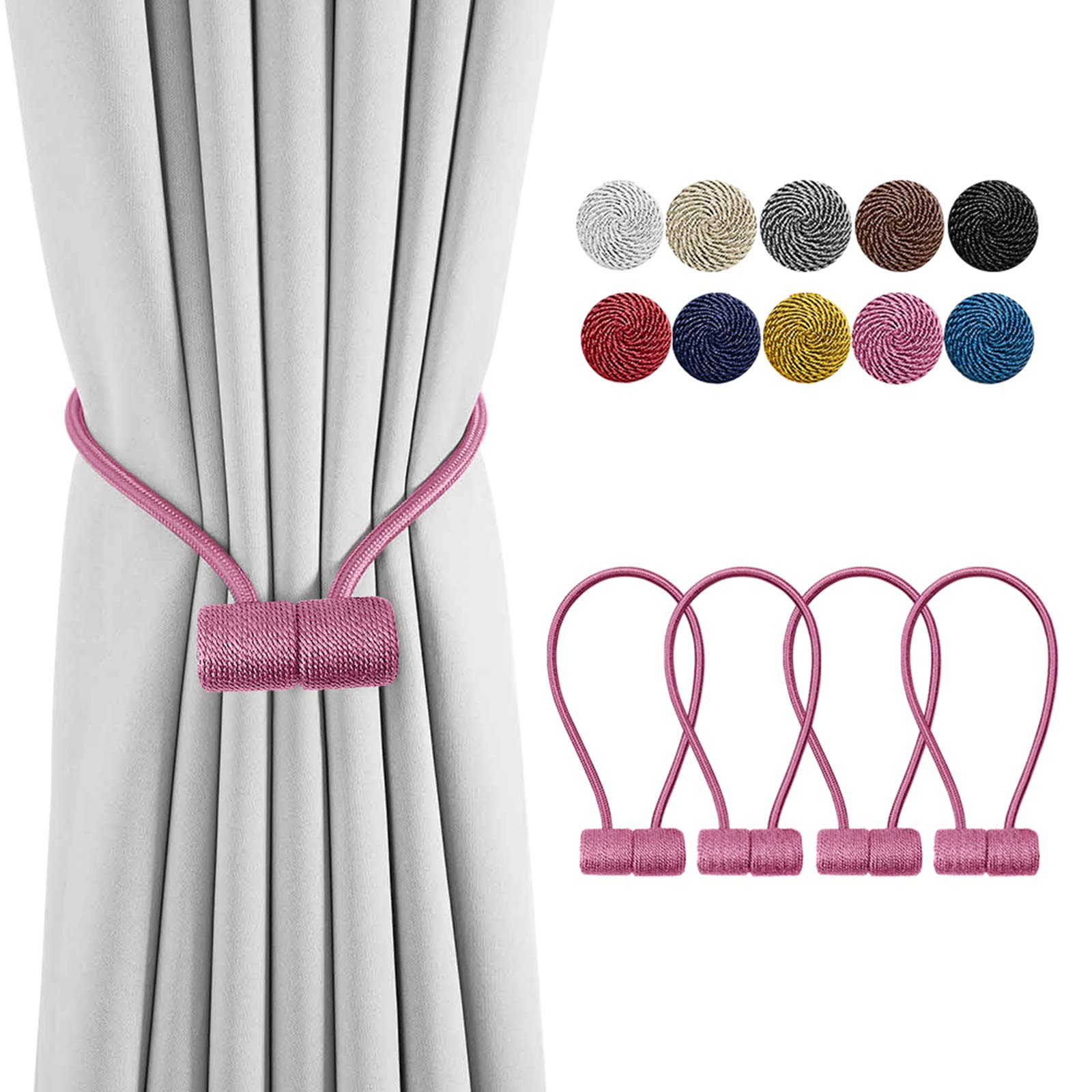 DELISIx Magnetic Curtain Tiebacks Drapery Holdbacks: 16 Inch Decorative Window Treatment Tie Backs Holdback, Set of 4, Pink