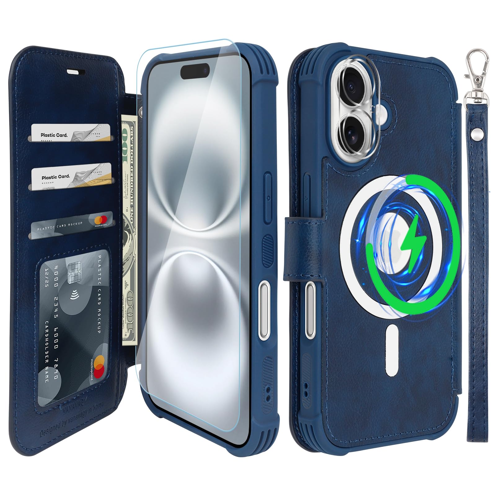 VANAVAGY Compatible for iPhone 16 Wallet Case for Magsafe Wireless Charging,Leather Flip Folio Wrist [Glass Screen Protectors and Camera Lens Protectors]with RFID Block Card Holder,Navy Blue