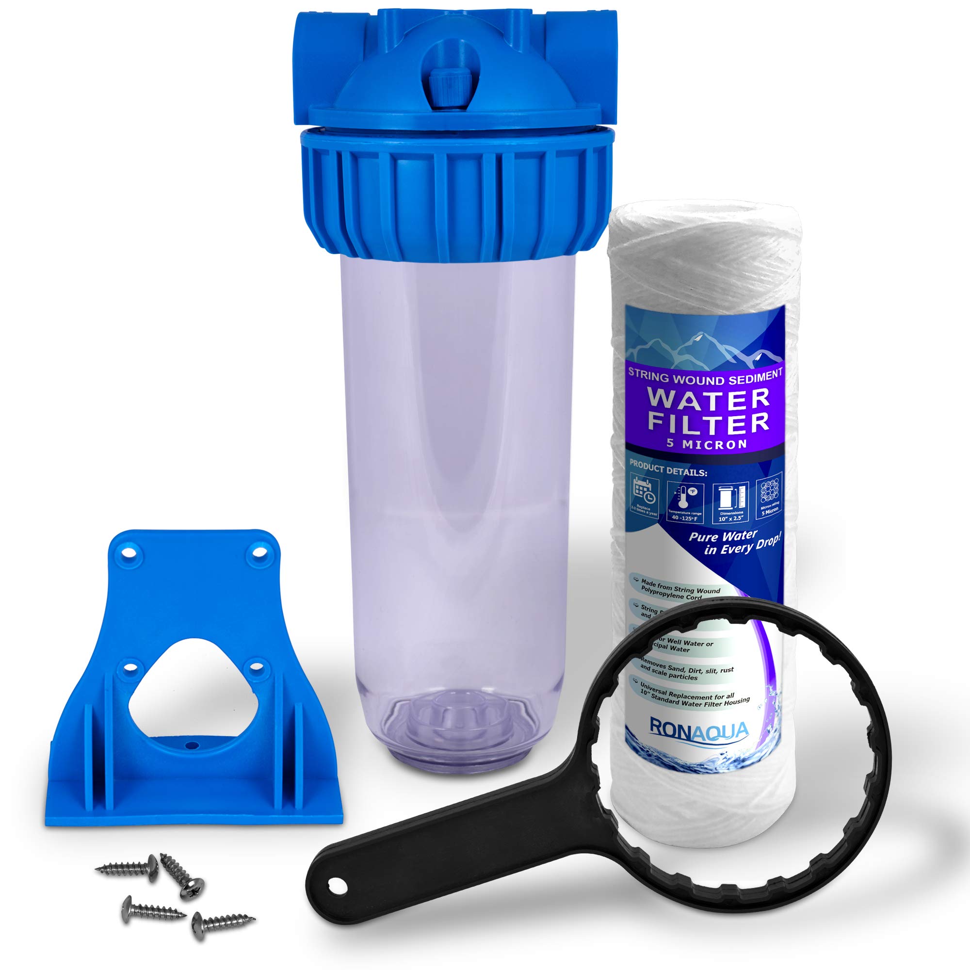 Photo 1 of 10” Clear Standard Transparent Whole House Water Filter System with Presser Relief Button, 3/4” Inlet/Outlet Brass Port & 5 Micron Wound Spring Sediment Cartridge, Meets NSF Standards & Regulations